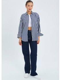 Resim Mixray 4611 Kadın Apolet Detaylı Çizgili Gömlek Lacivert 