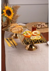 Resim 2'li Gold Kare, Ayaklı Şık Kek, Pasta, Kurabiye Ve Tatlı Servis Sunum Standı Gold 