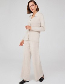 Resim Peraluna Polo V Yaka Ribana Örgü Fit Kesim Kadın Triko Bluz Ekru 