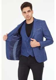 Resim Sposo 5140 Yelekli Dar Kalıp Açık Laci Ekose Erkek Blazer Ceket Açık Lacivert 