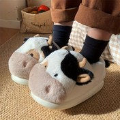 Resim 6 Boyut Mevcut, Unisex Polar Astarlı Yumuşak Tabanlı Ev Terliği - Sevimli Küçük İnek Desenli Sonbahar/Kış Sezonu İçin 