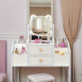 Resim 1 Adet Modern Minimalist Büyük Aynalı Makyaj Sehpası - Ayakta Durmalı Ahşap Kozmetik Organizatör, 68.58 cm Yükseklik, 39.88 cm Derinlik, 4 Çekmeceli ve Açık Raflı, Montajsız Yatak Odası, Oturma Odası, Banyo İçin 