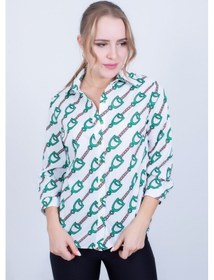 Resim Cliche Kadın, Poplin Kumaşa Zincir Desen Baskılı Truvakar Kollu Gömlek. Çok Renkli 