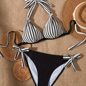 Resim Kadın Modası Çizgili Dalga Sert Kupa Göğüs Şekillendirme Yay Seksi Bikini Mayo 