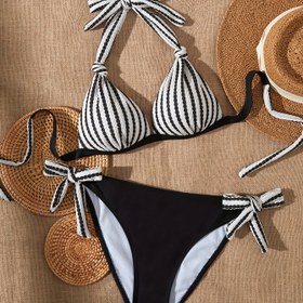 Resim Kadın Modası Çizgili Dalga Sert Kupa Göğüs Şekillendirme Yay Seksi Bikini Mayo 