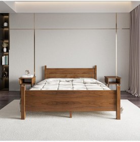 Resim Melodi Model Ceviz Renk Ahşap Karyola Ve İki Komodin Set-161 160 x 200 CM 