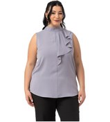 Resim Büyük Beden Yarım Dik Yaka Asimetrik Volanlı Kolsuz Gri Bluz Gri 