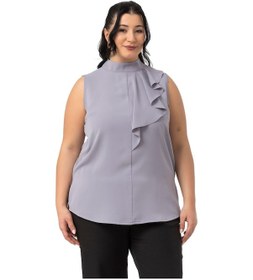 Resim Büyük Beden Yarım Dik Yaka Asimetrik Volanlı Kolsuz Gri Bluz Gri 