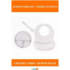 Resim Gri Silikon Vakumlu Tabaklı Diş Kaşıyıcılı Kaşık Ve Ayarlanabilir Mama Önlüğü Seti 