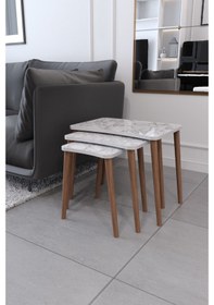 Resim Esma Orta Sehpa Ve Zigon Sehpa 4'Lü Ahşap Ayaklı - Beyaz Mermer 