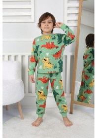 Resim Isobel Kids Erkek Çocuk Dino Desenli Uzun Kollu Pijama Takımı-910 Yeşil 