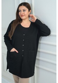 Resim By Saygı Kadın Büyük Beden Likralı Cepli Fitilli Triko Hırka Siyah 