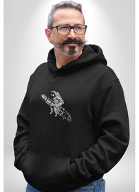 Resim Roket Astronot Kadın Erkek Siyah Kapüşonlu Sweatshirt Hoodie Siyah 