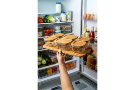 Resim Atbyhome Bambu 13 Parça Tepsili Vakumlu Kapaklı Cam Kahvaltılık Saklama Kabı 