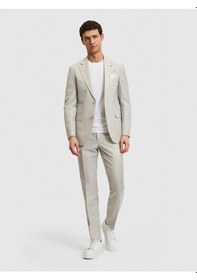 Resim Cacharel Açık Gri Slim Fit Yün Keten Karışımlı Mikro Desen Mono Yaka Takım Elbise 