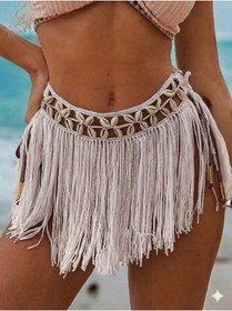 Resim PERLMUTT Kadın Deniz Kabuklu Bohem Püsküllü Pareo Plaj Eteği Bikini Üstü Yazlık Plaj Aksesuarı 