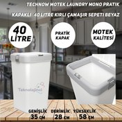 Resim Technow Motek Laundry Mono Pratik Kapaklı 40 Litre Kirli Çamaşır Sepeti Beyaz 