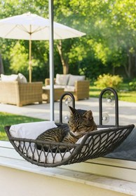 Resim Tasaryum Kedi ve Köpek El Örgüsü Vantuzlu Cam Yatağı Kedi Hamağı Puf Minderli Antrasit 