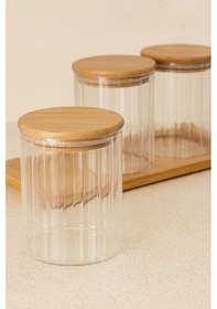 Resim Morponi Borosilikat Cam Bambu Stantlı Ve Bambu Kapaklı Optik Çizgili Baharatlık Seti 430 Ml Alg11520 Beyaz 