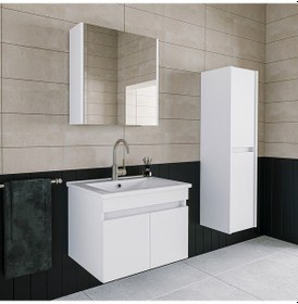 Resim Banos Tm3 Lavabolu Beyaz 65 Cm Aynalı Banyo Dolabı Takımı Beyaz 