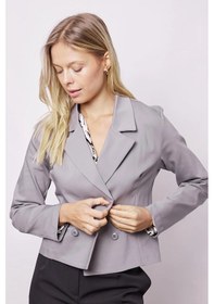Resim Kadın Yakalı Flato Cepli Uzun Kol Kruvaze Anvelop Hafif Likralı Kumaş Blazer Ceket-gri Gri 
