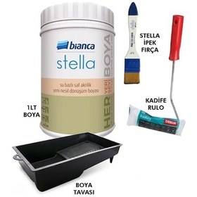 Resim Bianca Stella Boya 1 L Boya + Boya Tavası + Stella İpek Fırça + Kadife Rulo 4 Parçalı Set Antrasit Gri 