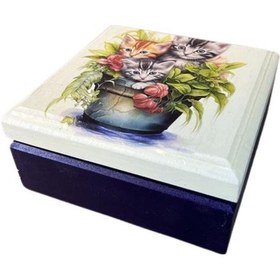 Resim Uretti - Hülya 6683 6206 El Yapımı Nostaljik Retro Kedi Baskılı Kare Ahşap Dekoratif Saklama / Takı Kutusu - Mor 