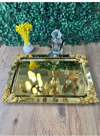 Resim Diperla Büyük Gold Sunum Tepsi Kelebek Detaylı 