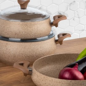 Resim Taç 3821 Mastercook Tombik Granit Güveç Tencere Seti 7 Parça Cappuccino 20 cm Derin Tencere 