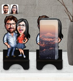 Resim Bk Gift Kişiye Özel Sevgililer Karikatürlü Ahşap Biblo Telefon Standı-105 