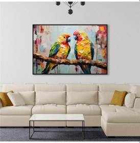 Resim Yağlı Boya Dokulu Tablo Dalda Renkli Papağanlar Siyah Çerçeveli U04015-178929 