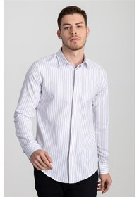 Resim Tudors Slim Fit Dar Kesim Çizgili Oxford Spor Gömlek-20627 Beyaz 