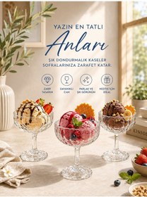 Resim 3 Lü Cam Ayaklı Magnolya Kasesi Tatlı Sunumluk Kase Dondurmalık Magnolia 230ml Şeffaf 