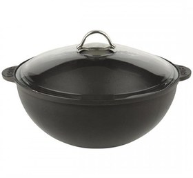 Resim Lava Döküm Yuvarlak Cam Kapaklı Kazan / Tencere Döküm Demir Yekpare Kulplu Çap 28 cm Siyah 
