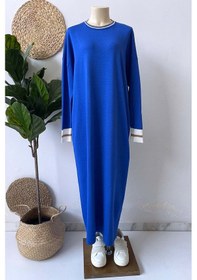 Resim Kahijab Yaka Şeritli Merserize Elbise - Saks Mavi Saks 