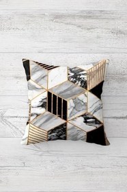 Resim Pelangi Gold Şerit Mermer Desen Çift Tarafı Baskılı Gizli Fermuarlı Yastık Kılıfı Kırlent Yastık Kılıfı, siyah-gold-beyaz 45 x 45 