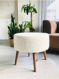 Resim PUFANNA Ahşap Ayaklı Dekoratif Beyaz Yuvarlak Pelüş Puf Bench Koltuk Sandalye Peluş Puf 