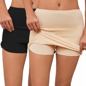 Resim Ön Panelli 2 Adet Dikişsiz Kadın Yüksek Bel İç Çamaşırı - Siyah ve Bej, Naylon / Elastan Karışımı, Orta Yükselişli, Fırfır Etek Kenarı, Sadece Elde Yıkama, Zarif Günlük Kıyafet 