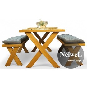 Resim Neiwel Koen Doğal Ahşap Banklı Mutfak Ve Yemek Masası Takımı-80-120 Takım Açık Ceviz 