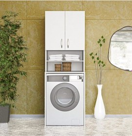 Resim Papatya Çamaşır Makinesi Dolabı, Banyo Dolabı, 4 Raflı, Kapaklı, Beyaz Dolap Beyaz 