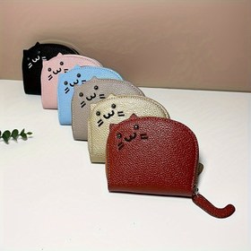 Resim Kedi Karikatür PU Deri Mini Kartlık Cüzdan Paralı Bölme ve Kavramalı Fermuar Kapatma ile 