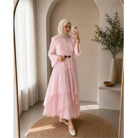 Resim Neşeli Butik Kadın Pudra Fırfır Detaylı Üst Kat Kat Volanlı Etek Ikili Tesettür Takım ---NBVQ3159 