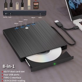 Resim 8'i 1 Arada USB 3.0 & Type-C Taşınabilir Harici DVD/CD/RW Sürücü - İnce Plug & Play Yazıcı Dizüstü Bilgisayarlar için, PC, Windows/Mac/Linux - HD Oynatma, 4 USB Portu, SD/TF Kart Okuyucu 
