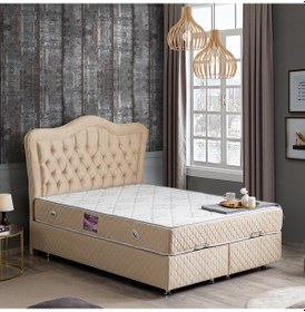 Resim Setaymobilya Baza, Camelli Çift Kişilik Bej Baza + Başlık + Deluxe Yatak 