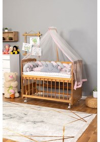 Resim Ahşap Beşik Anne Yanı Beşik Vernikli 60x120 - Pembe Gri Örgü Uyku Seti Seti + Yatak + Tekerlekli Ahşap 