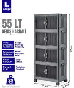 Resim obido Lavine Fold&go 4'lü Portatif Organizer Tekerlekli Dolap Çok Amaçlı Kapaklı Katlanır ”antrasit” 