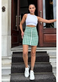 Resim WeShaya Yeşil Ekose Desen Yüksek Bel Mini Etek Benetton Yeşil 