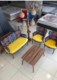 Resim Azra Mobilya Çay Seti Oturma Grubu Oturma Takımı Koltuk Takımı Ahşap Mobilya Takımı Balkon Bahçe Mobilyası Etnik Desen Sarı 