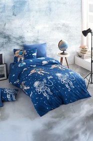 Resim Astronot Desenli Baskılı Çocuk Nevresim Takımı Tek Kişilik Yumuşak Pamuklu Kumaş 