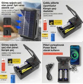 Resim Güneş Enerjili Çoklu Pil Şarj Cihazı Ve Powerbank - 18650/26650 Uyumlu 